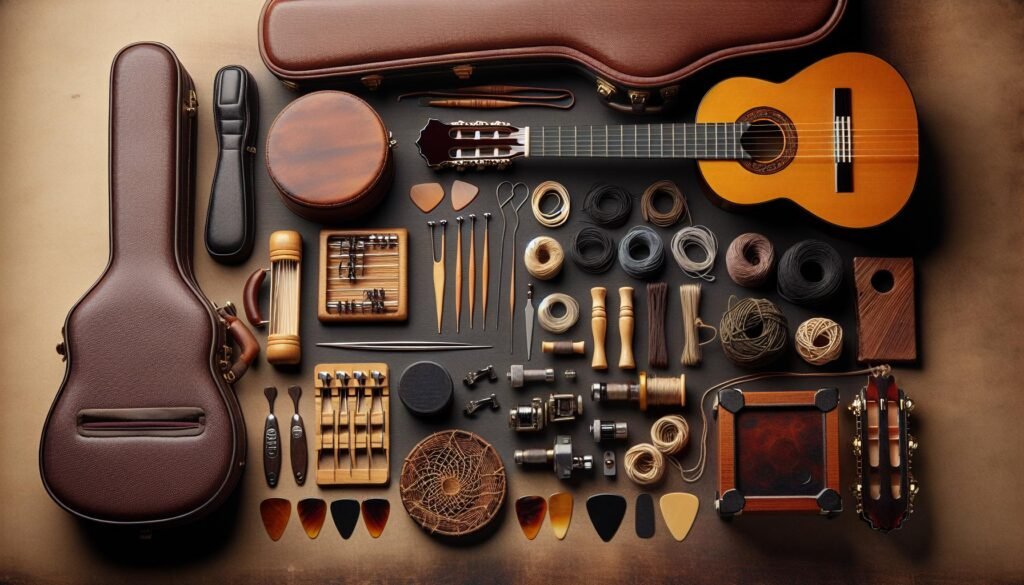 Les accessoires essentiels pour les guitaristes classiques : étuis, médiators, cordes de rechange, etc.